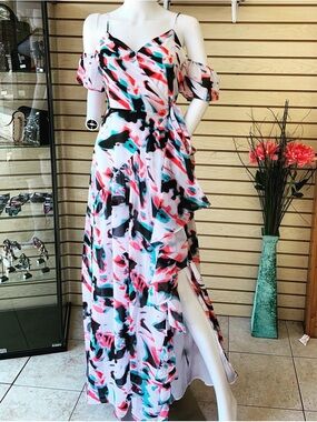 Cold-Shoulder Floral Wrap Maxi Dress in Multicolor
